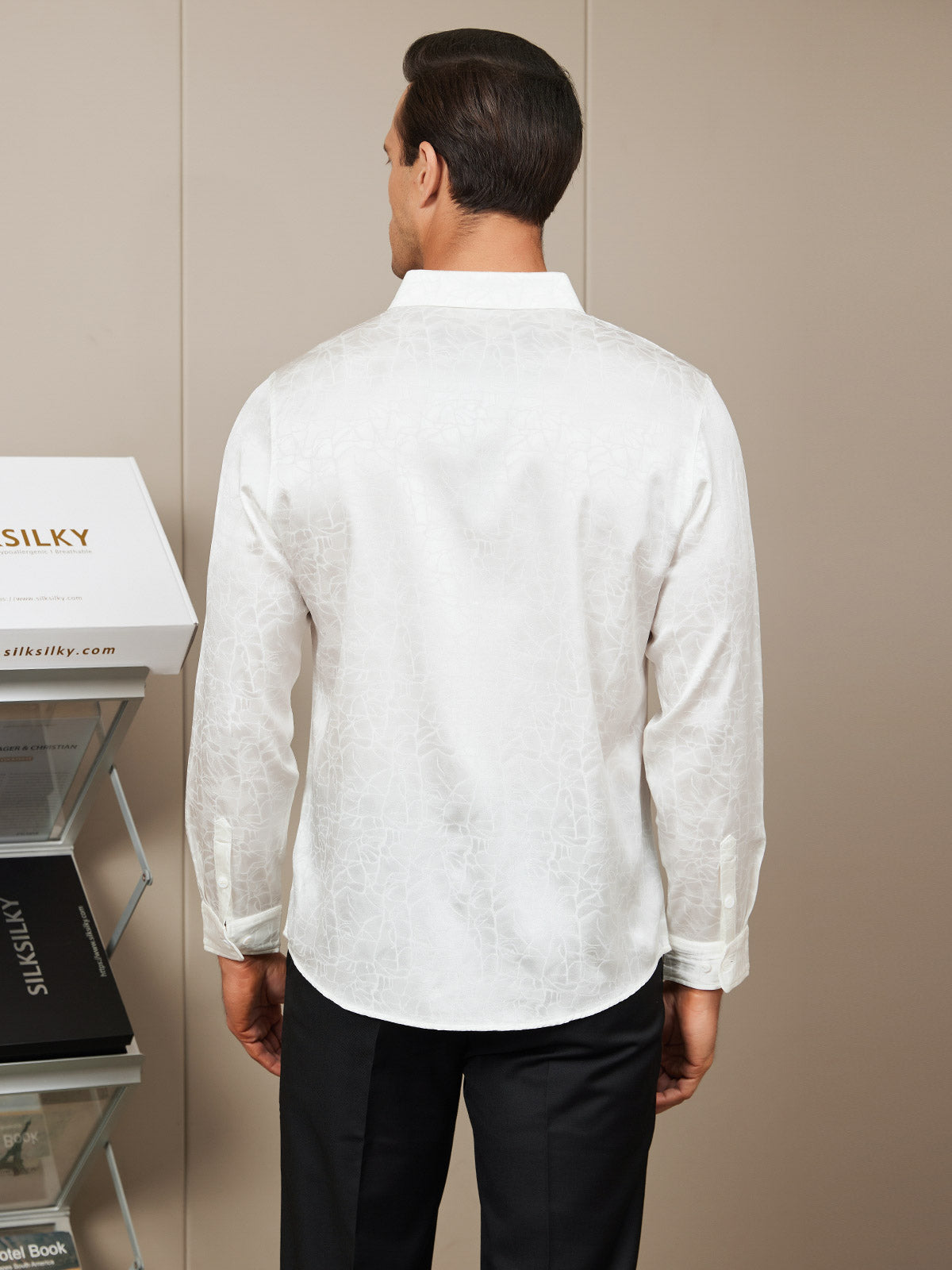 [Weiß] SilkSilky-DE Seide Umlegekragen Herrenhemd 002