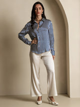 [Marine Streifen] SilkSilky-DE Long Sleeve Lapel Collar Damenhemd 008