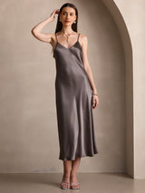 [Dunkelkhaki] SilkSilky-DE Sleeveless V Neck Kleider 004