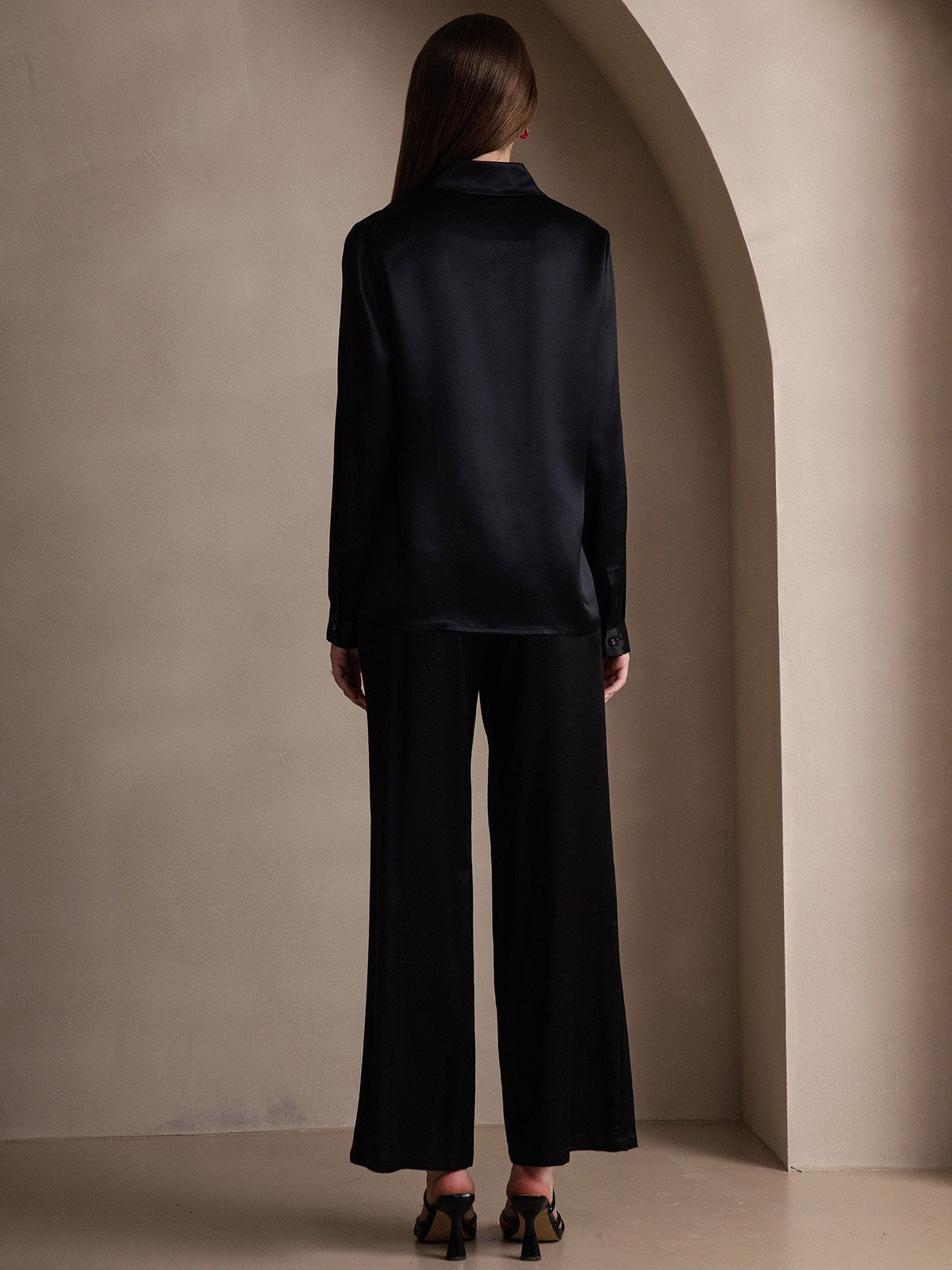 [Schwarz] SilkSilky-DE 19Momme Seide Langärmelig Umlegekragen Damenhemd 002