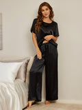 SilkSilky DE Reine Seide Kurzärmelig Rundkragen Damen Pyjamas Schwarz 005