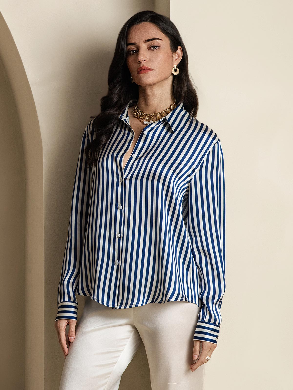 [Blau] SilkSilky-DE Seide Umlegekragen Damenhemd 004