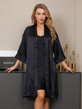 SilkSilky DE Reine Seide 3/4 lange Ärmel Nightgown&Robe Set Schwarz 005