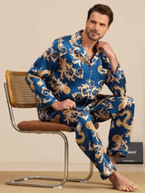 [Navy Drache] SilkSilky-DE Long Sleeve Notch-Kragen Herren Pyjamas 001