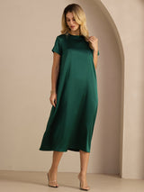 [Dunkelgrün] SilkSilky-DE Short Sleeve Round Neck Kleider 004