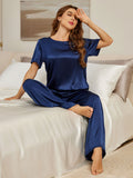 SilkSilky DE Reine Seide Kurzärmelig Rundkragen Damen Pyjamas Dunkelblau 006