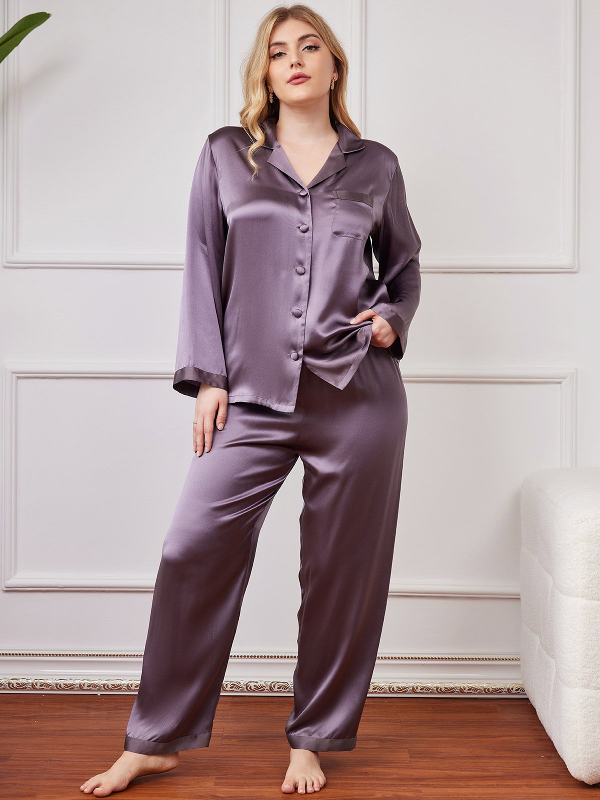 [Lila Grau] SilkSilky-DE Reine Seide Langärmelig Revers Damen Pyjamas Große Größen 003