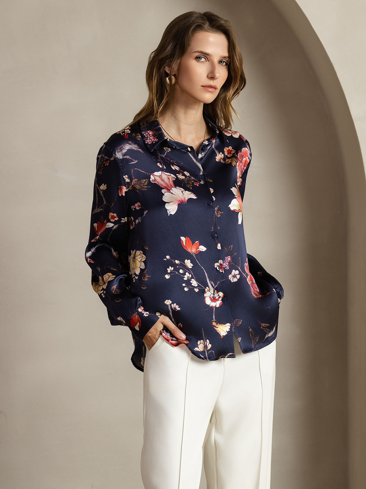 [Marine Blumen] SilkSilky-DE Seide Umlegekragen Damenhemd 001