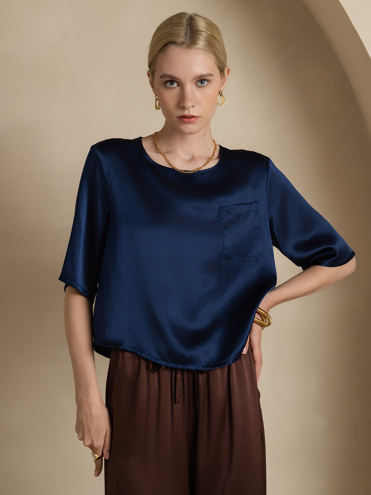 [Dunkelblau] SilkSilky-DE Reine Seide Womens T-Shirt 003