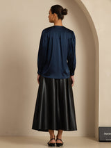 [Dunkelblau] SilkSilky-DE 19Momme Long Sleeve Round Neck Bluse 002