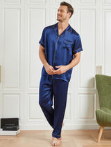 [Dunkelblau] SilkSilky-DE 19Momme Kurzärmelig Herren Pyjamas 003