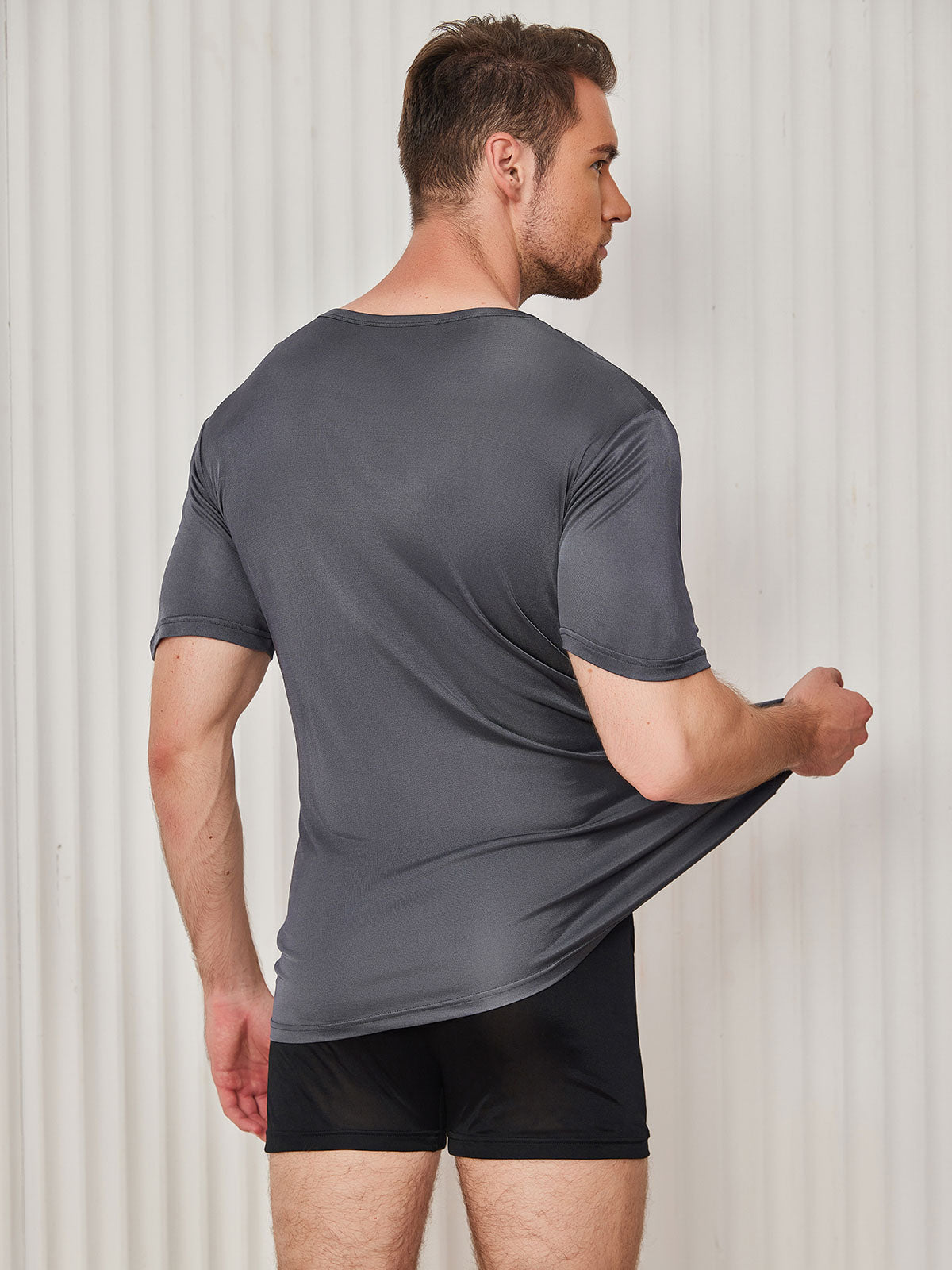 [Dunkelgrau] SilkSilky-DE Seidenstrick Kurzärmelig Rundkragen Herren T-Shirt 002