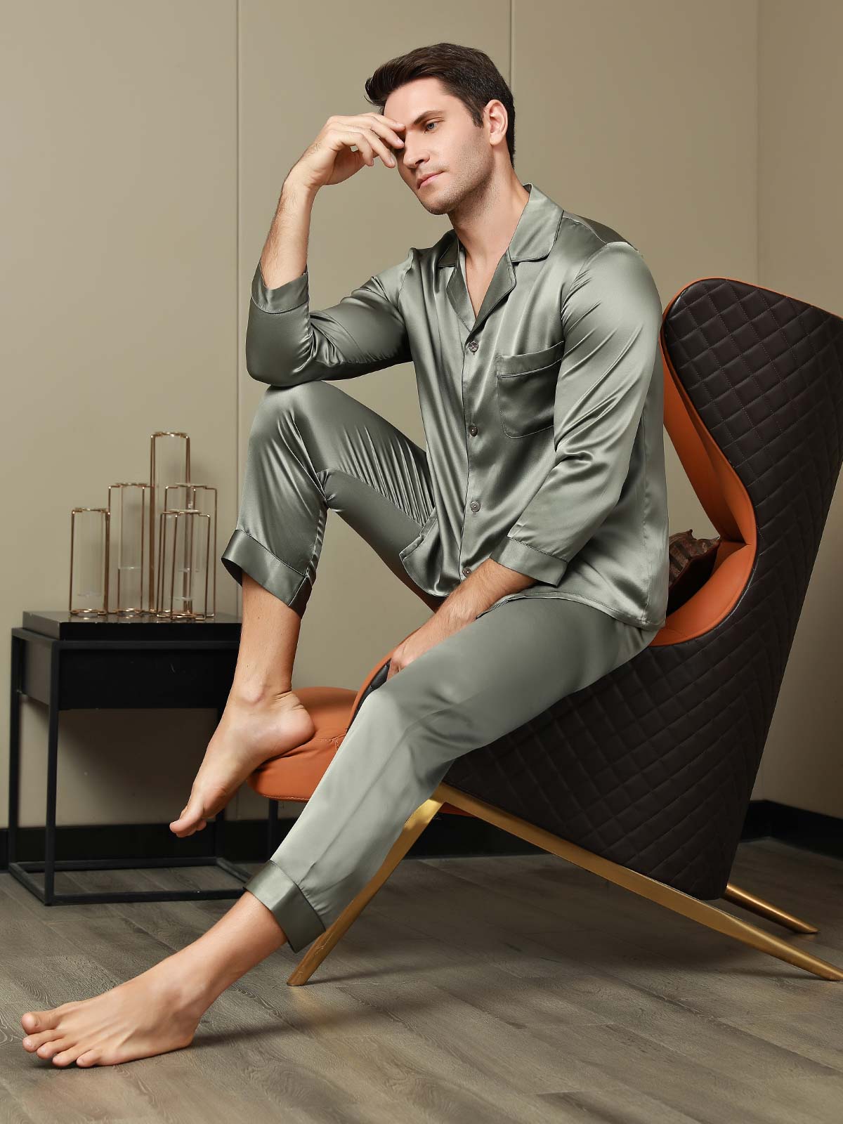 [Graugrün] SilkSilky-DE Reine Seide Mens Pajamas 004