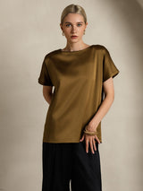 [Braun] SilkSilky-DE 19Momme Kurzärmelig U-Boot-Ausschnitt T-Shirt 006