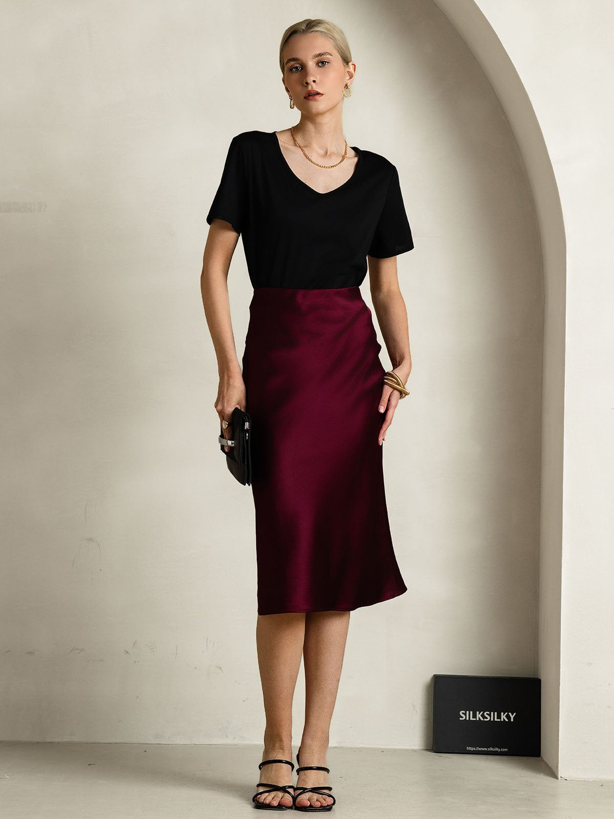 [Schwarz] SilkSilky-DE Seide Kurzärmelig V Ausschnitt T-Shirt 007