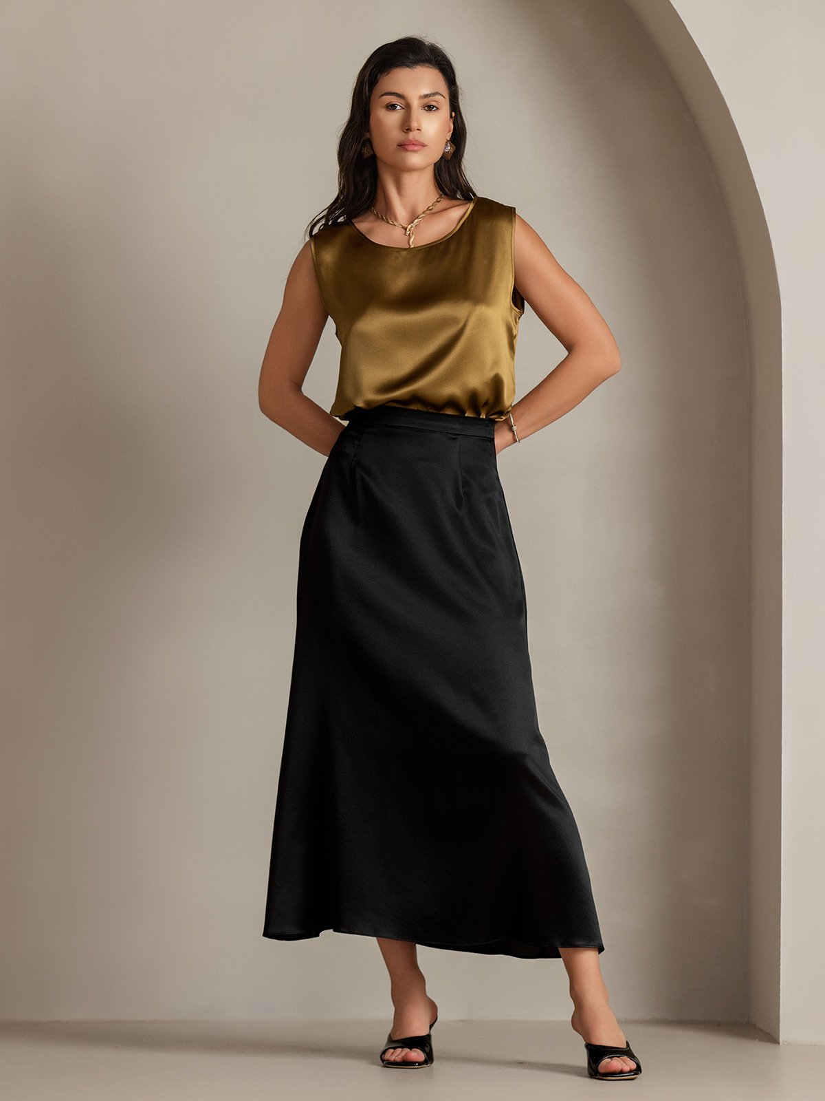 [Braun] SilkSilky-DE 19Momme Ärmellos Rundhalsausschnitt Cami Top 006