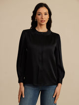 [Schwarz] SilkSilky-DE 19Momme Long Sleeve Round Neck Bluse 003