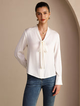 [Weiß] SilkSilky-DE Long Sleeve Tie Neck Damenblusen 003