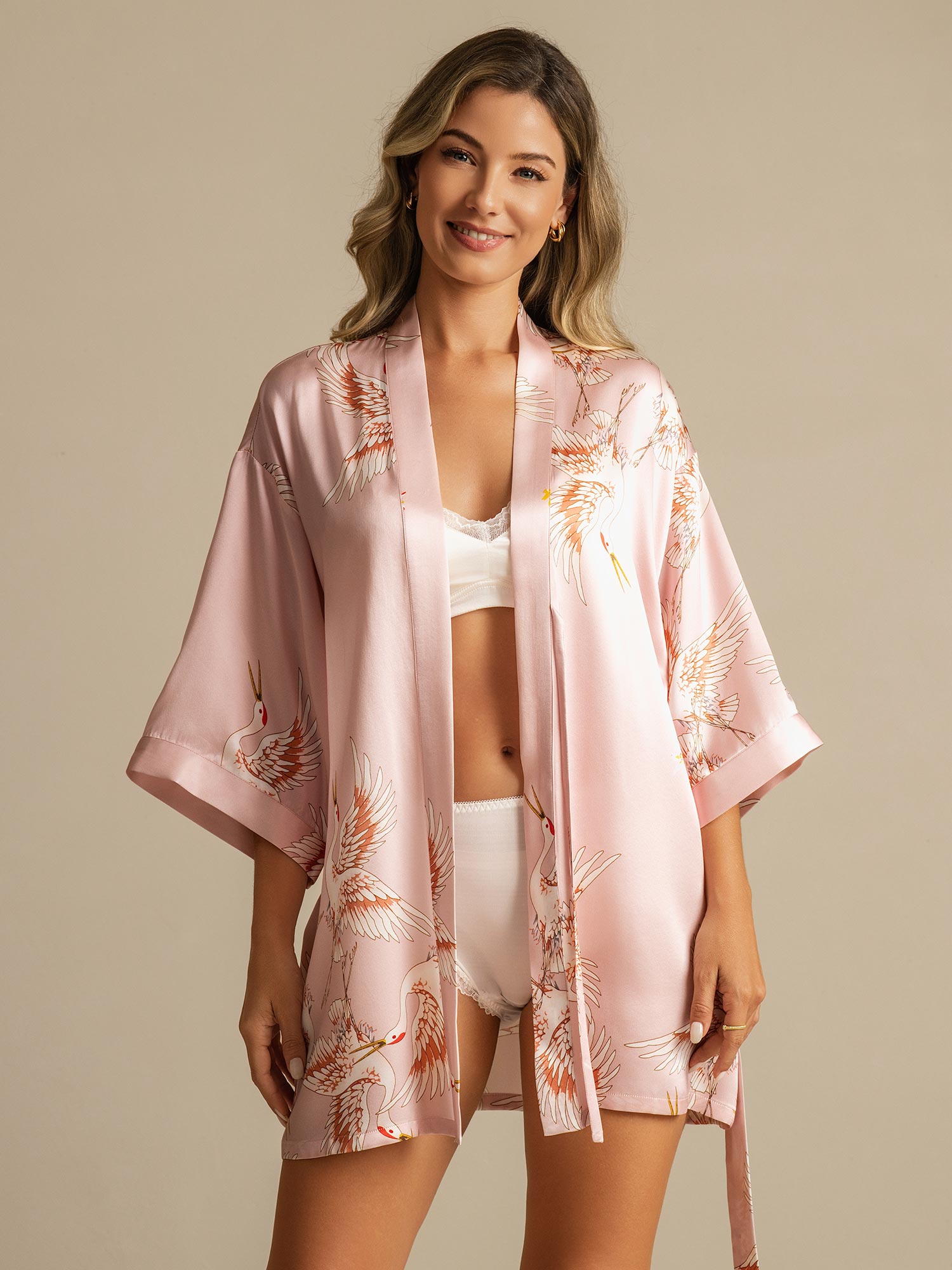[Rosa] SilkSilky-DE Reine Seide V Ausschnitt Damen Morgenmantel 001