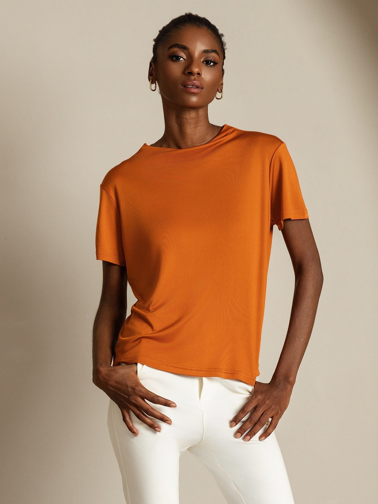 [Orange] SilkSilky-DE Reine Seide Umlegekragen T-Shirt 005