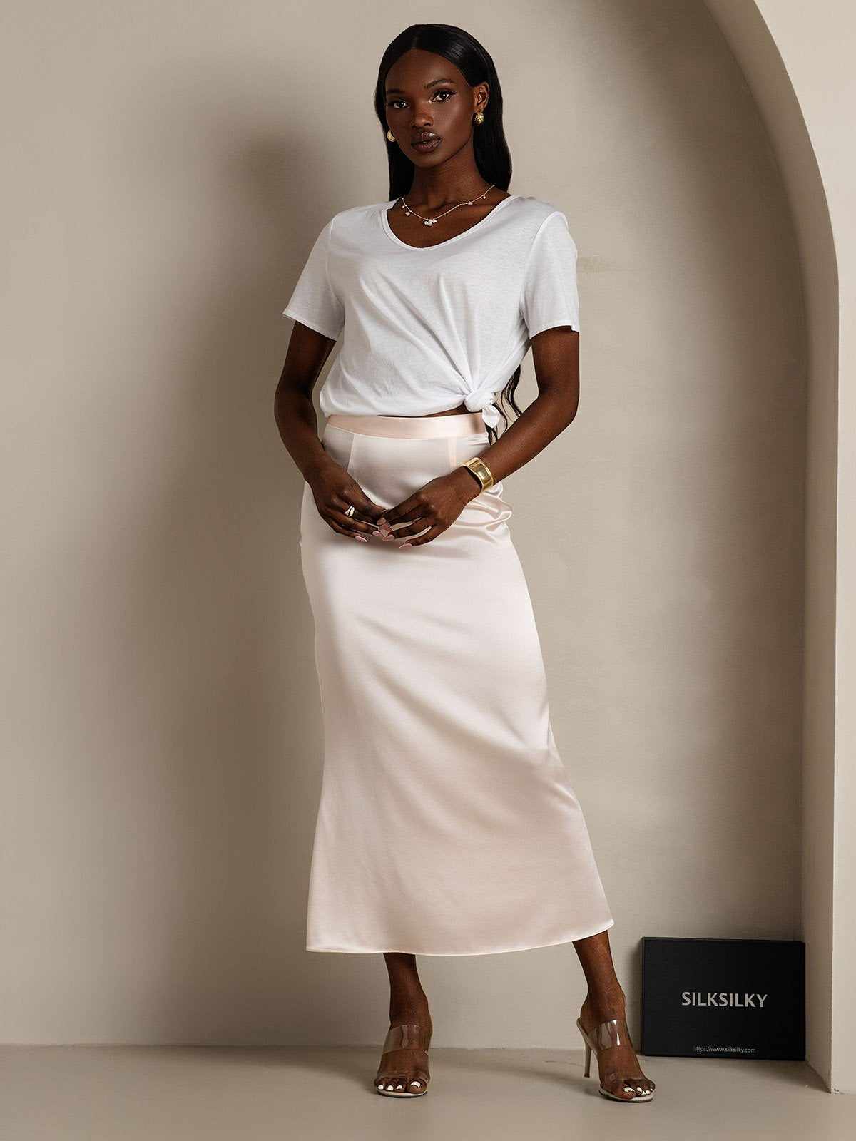 [Weiß] SilkSilky-DE Seide Kurzärmelig V Ausschnitt T-Shirt 006