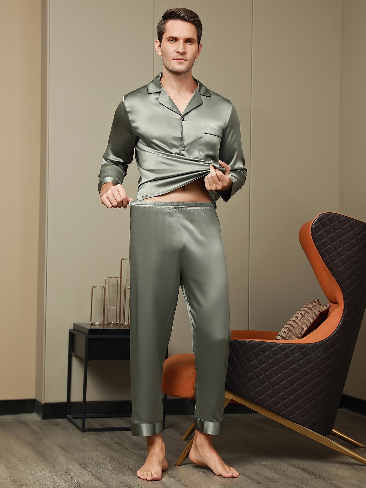 [Graugrün] SilkSilky-DE Reine Seide Mens Pajamas 005