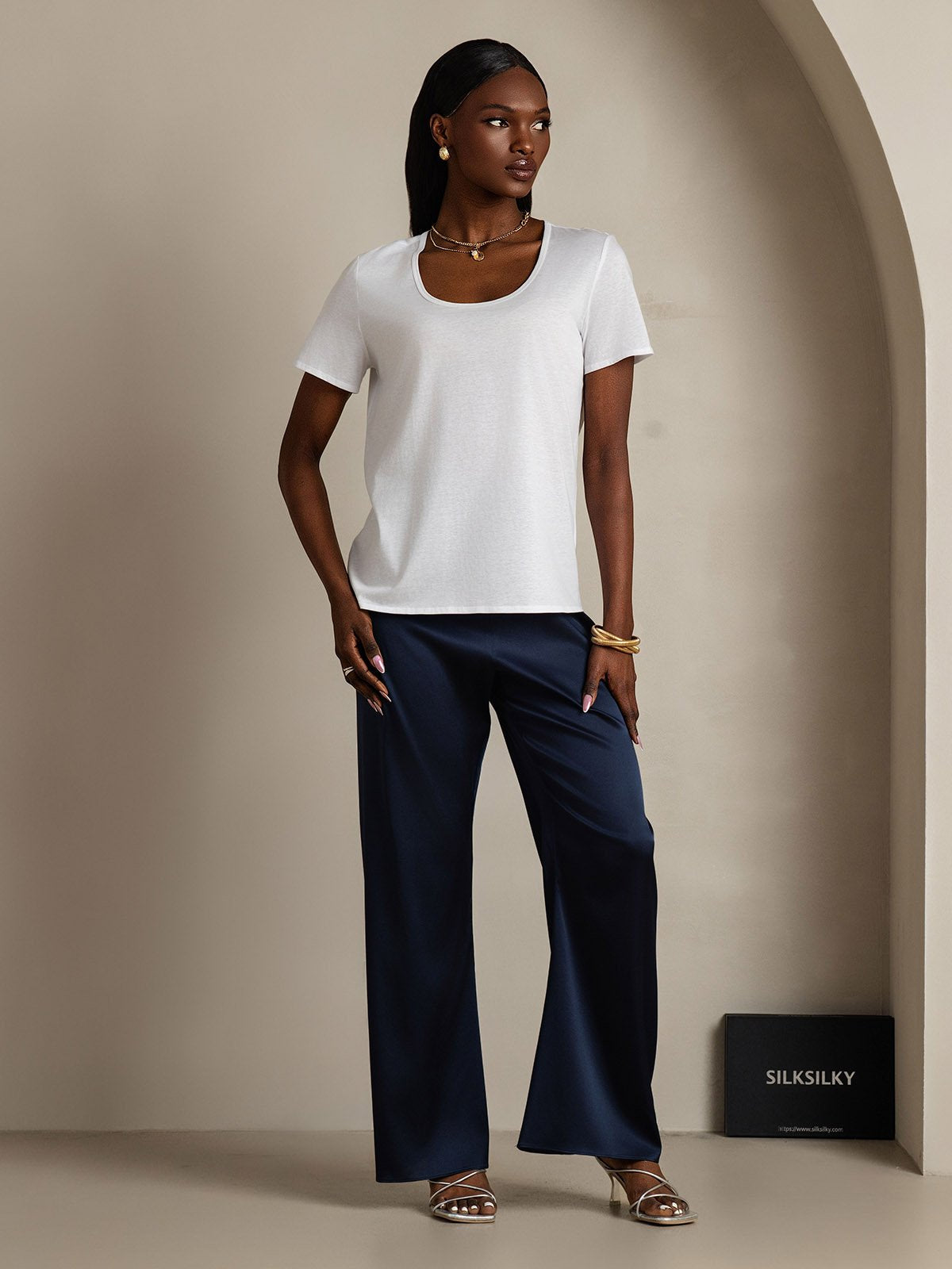 [Weiß] SilkSilky-DE Seide Kurzärmelig U Ausschnitt T-Shirt 006