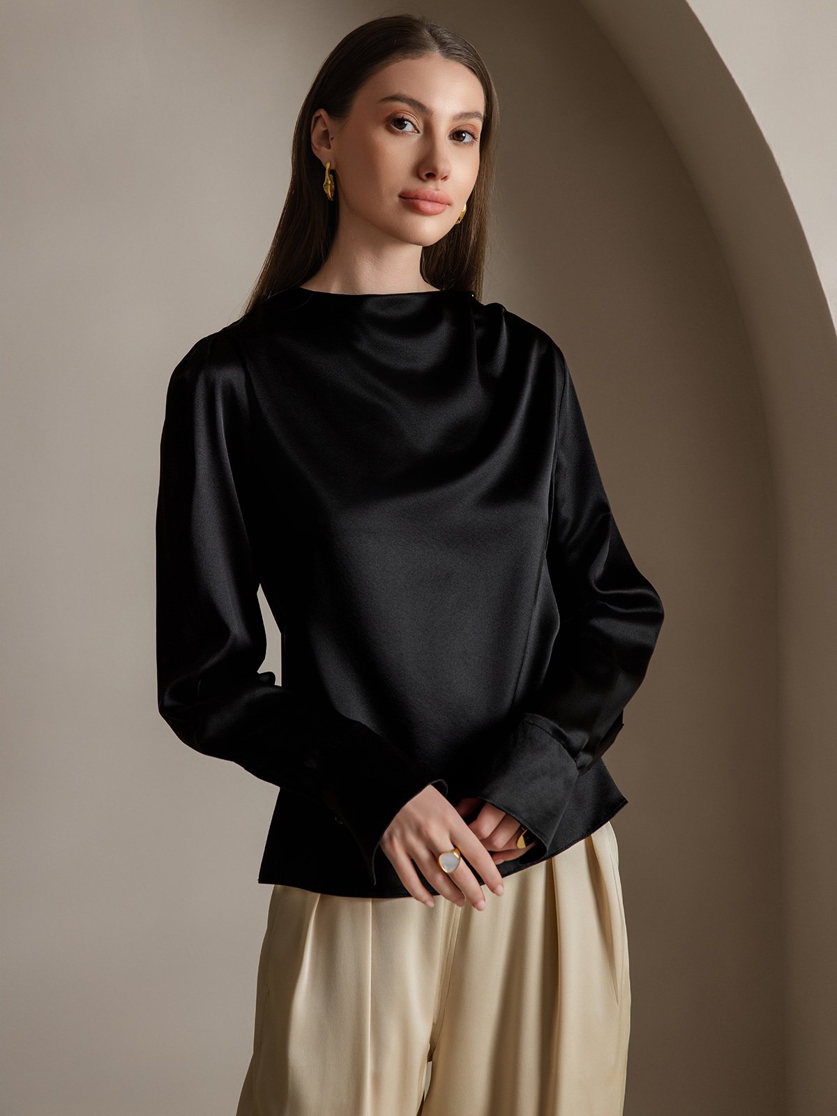 [Schwarz] SilkSilky-DE 19Momme Seide Womens Shirt 003