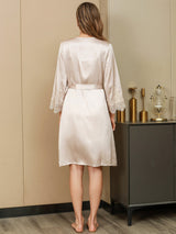 [Elfenbeinfarbe] SilkSilky-DE Reine Seide 3/4-lange Ärmel Womens Robe 003