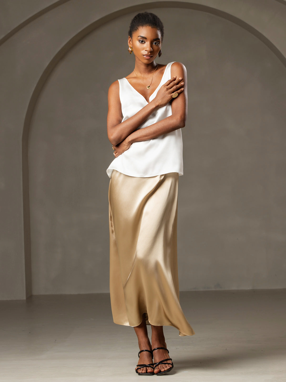 [Weiß] SilkSilky-DE 19Momme Seide V Ausschnitt Cami Top 006