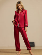 [Rotwein] SilkSilky-DE Langärmelig Notch-Kragen Damen Pyjamas 006