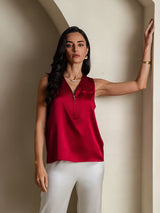 [Rotwein] SilkSilky-DE Sleeveless V Neck Damenhemd 006