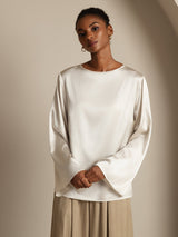 [Weiß] SilkSilky-DE Long Sleeve Boat Neck Bluse 003