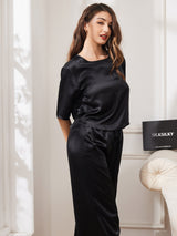 [Schwarz] SilkSilky-DE Half Sleeve Round Neck Damen Pyjamas 003