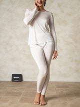 [Weiß] SilkSilky-DE Langärmelig Rundhalsausschnitt Damen Lange Unterwäsche 005