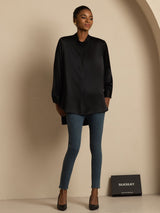 [Schwarz] SilkSilky-DE 19Momme Langärmelig Stehkragen Bluse 006