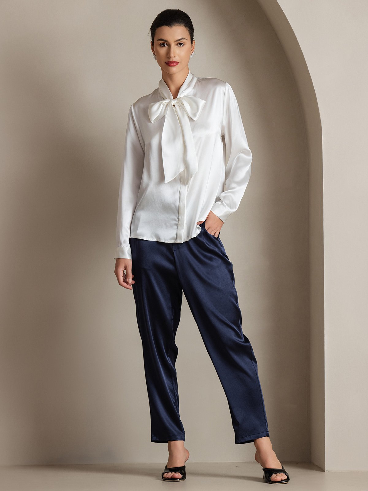 [Weiß] SilkSilky-DE 19Momme Seide Langärmelig Blouse 005