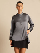 [Dunkelgrau] SilkSilky-DE 19Momme Langärmelig Stehkragen Bluse 001