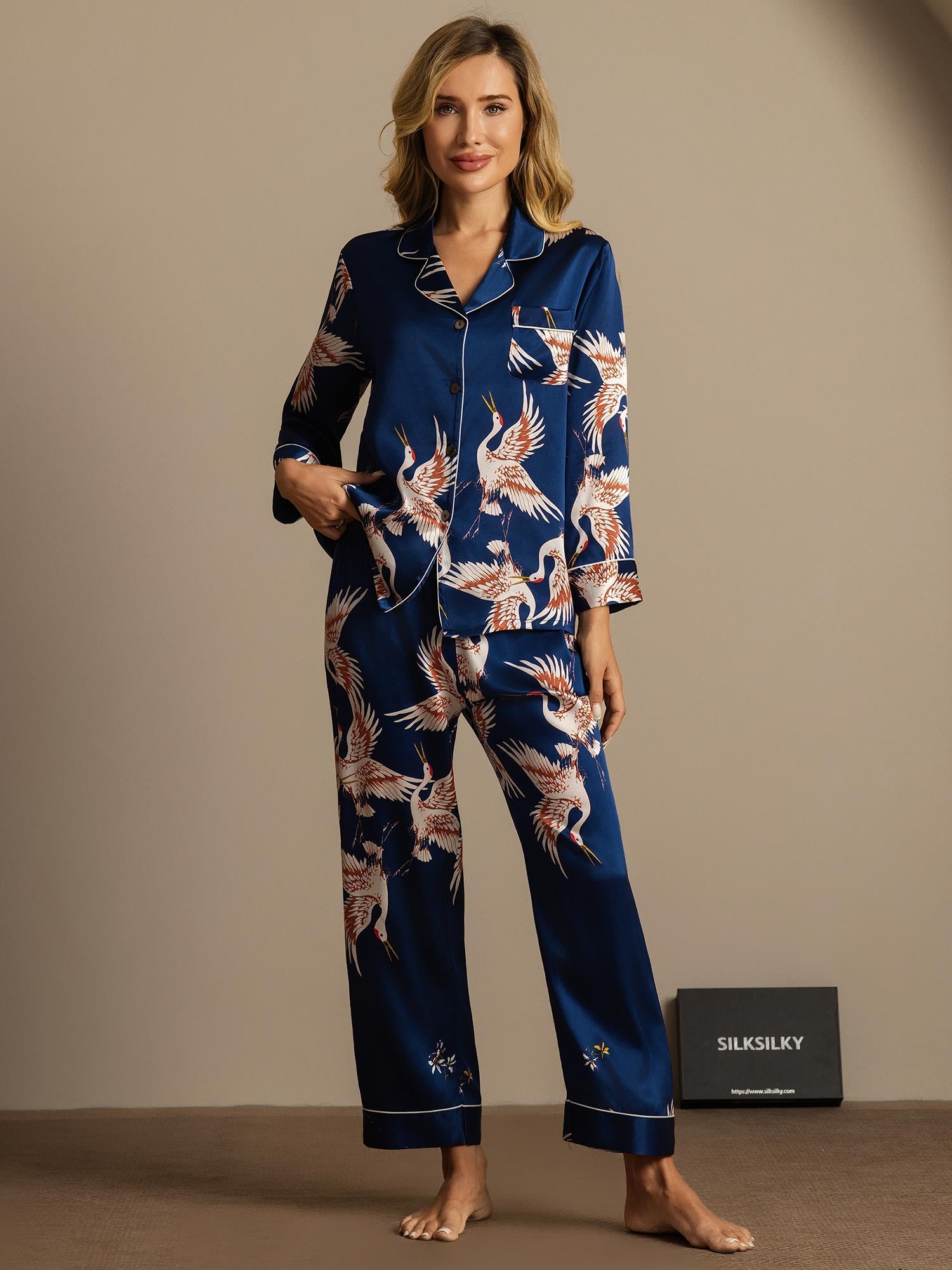[Dunkelblau] SilkSilky-DE 19Momme Reine Seide Womens Pajamas 004,
