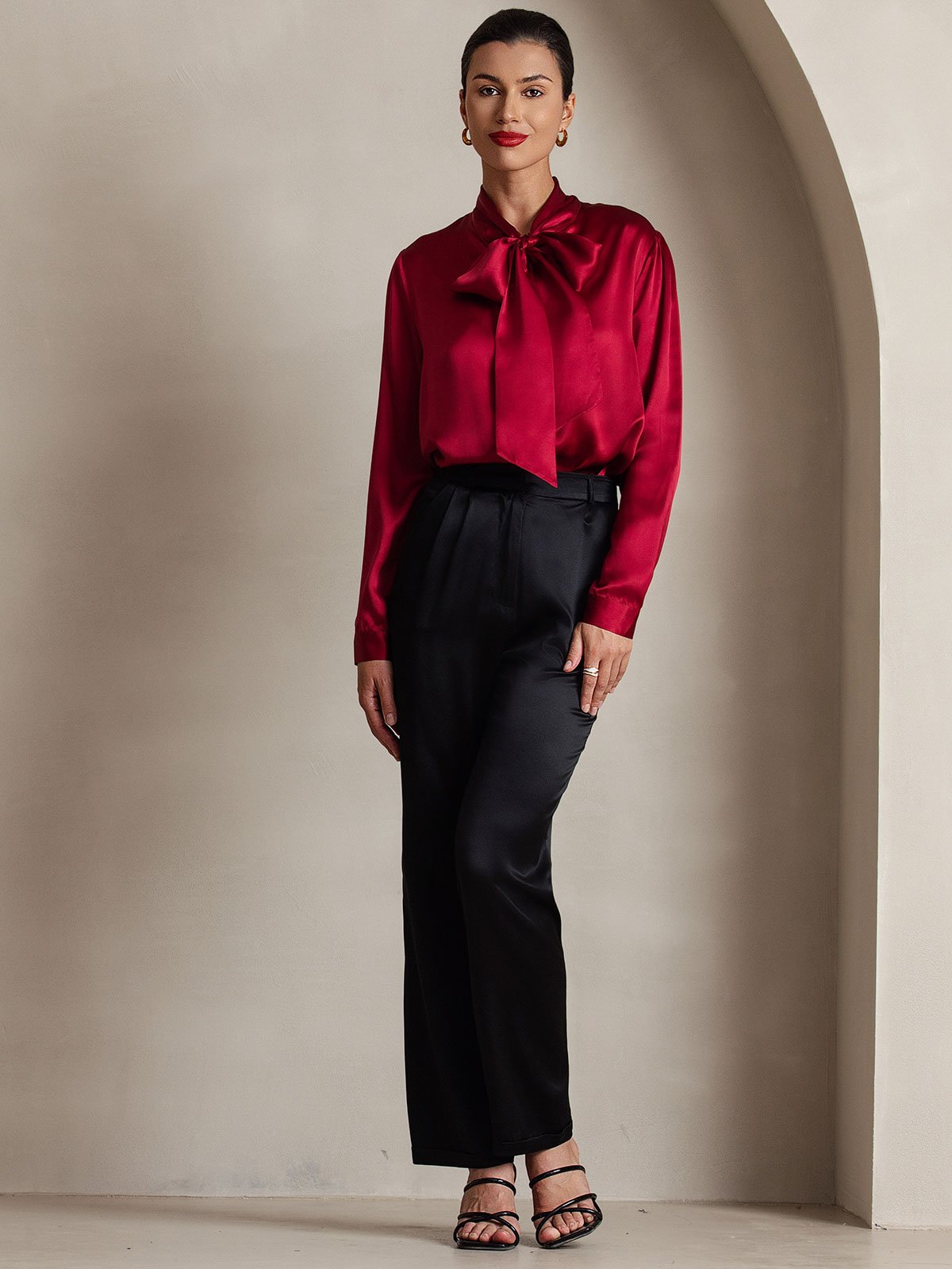 [Rotwein] SilkSilky-DE 19Momme Seide Langärmelig Blouse 006