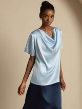 [Graublau] SilkSilky-DE Short Sleeve Cowl Neck Damenblusen 005