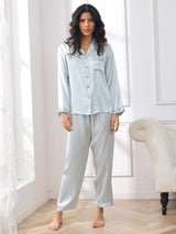 [Hellblau] SilkSilky-DE Long Sleeve Notch-Kragen Damen Pyjamas 003