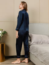 [Dunkelblau] SilkSilky-DE Long Sleeve Notch-Kragen Damen Pyjamas 004