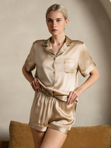 [Champagner] SilkSilky-DE Short Sleeve Notch-Kragen Damen Pyjamas 004