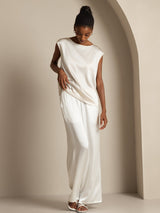 [Weiß] SilkSilky-DE Cap Sleeve Round Neck T-Shirt 008