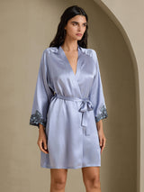 [Stahlblau] SilkSilky-DE 3/4 Sleeve V Neck Nachthemd&Morgenmantel Set 007