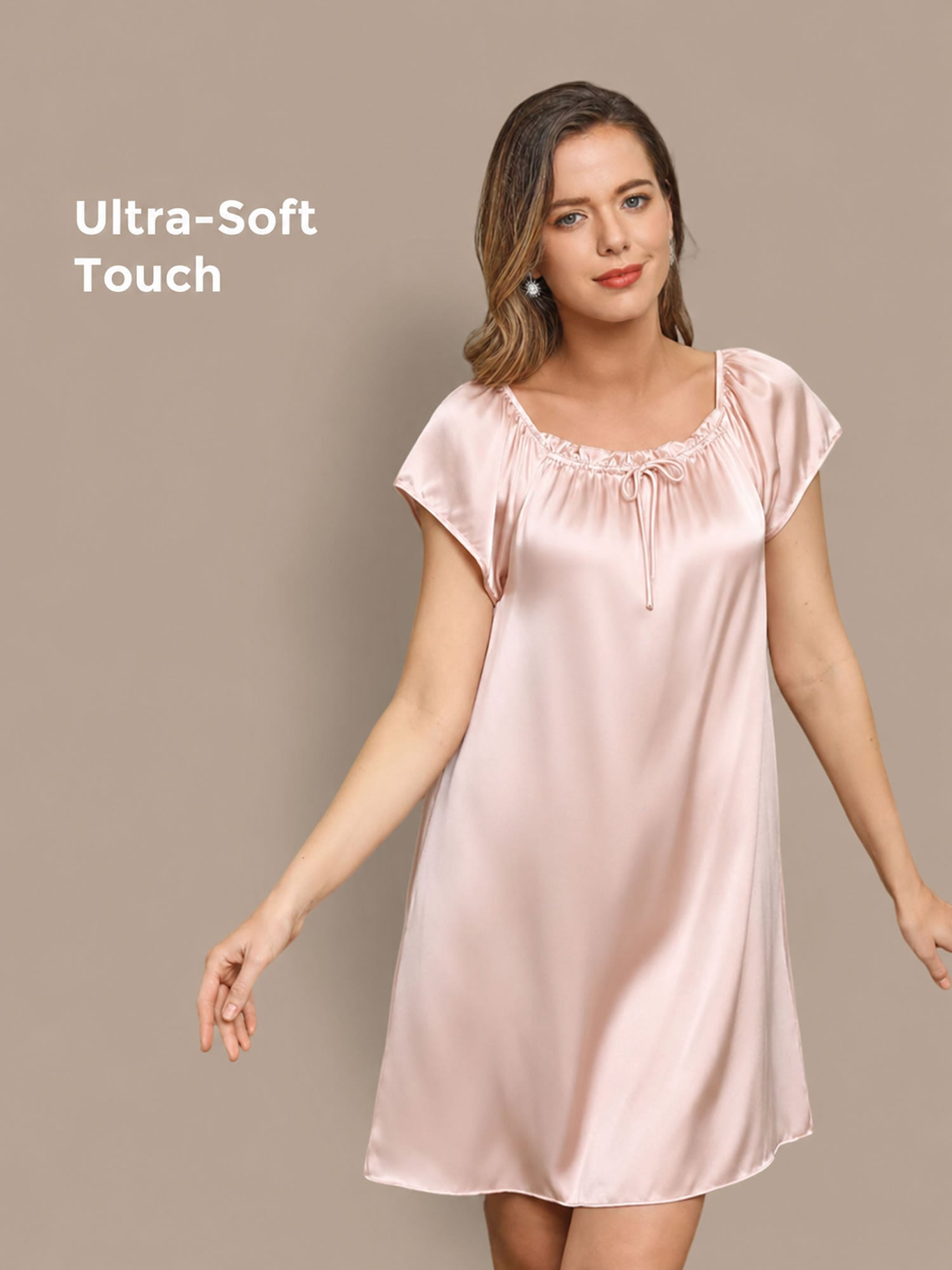 [Hellrosa] SilkSilky-DE Cap Sleeve Square Neck Nachthemden 001
