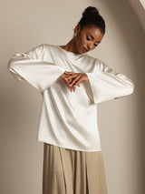 [Weiß] SilkSilky-DE Long Sleeve Boat Neck Bluse 004