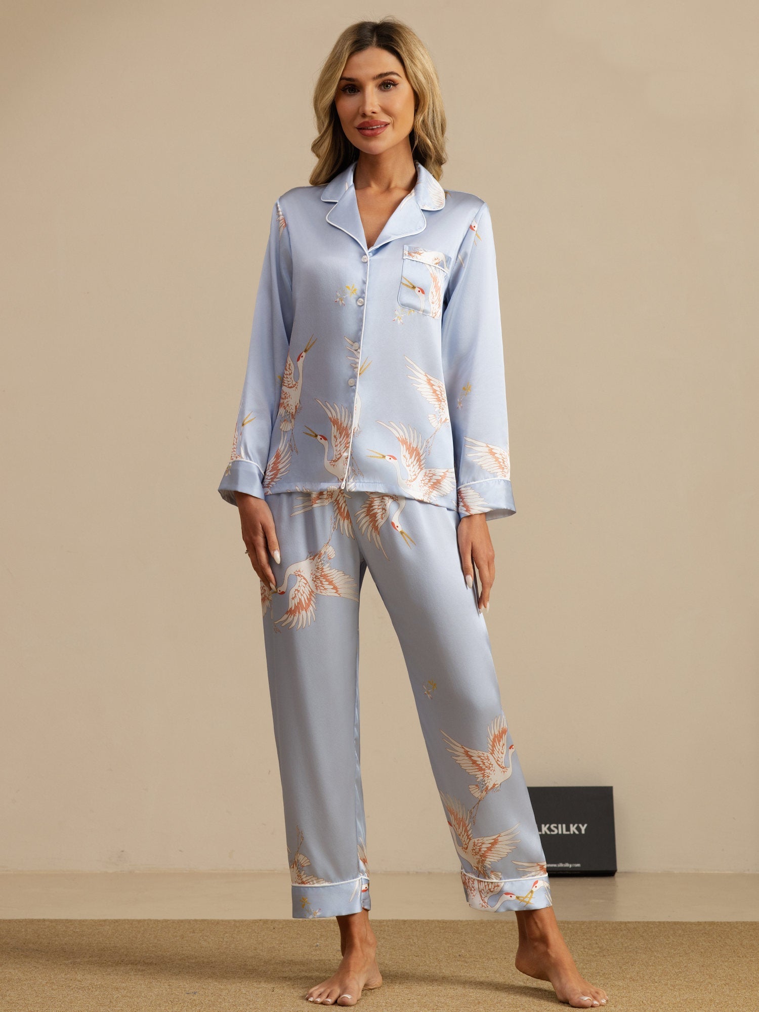 [Hellblau] SilkSilky-DE 19Momme Langärmelig Notch-Kragen Damen Pyjamas 001