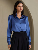 [Echtes Petrol] SilkSilky-DE Long Sleeve Lapel Collar Damenhemd 001